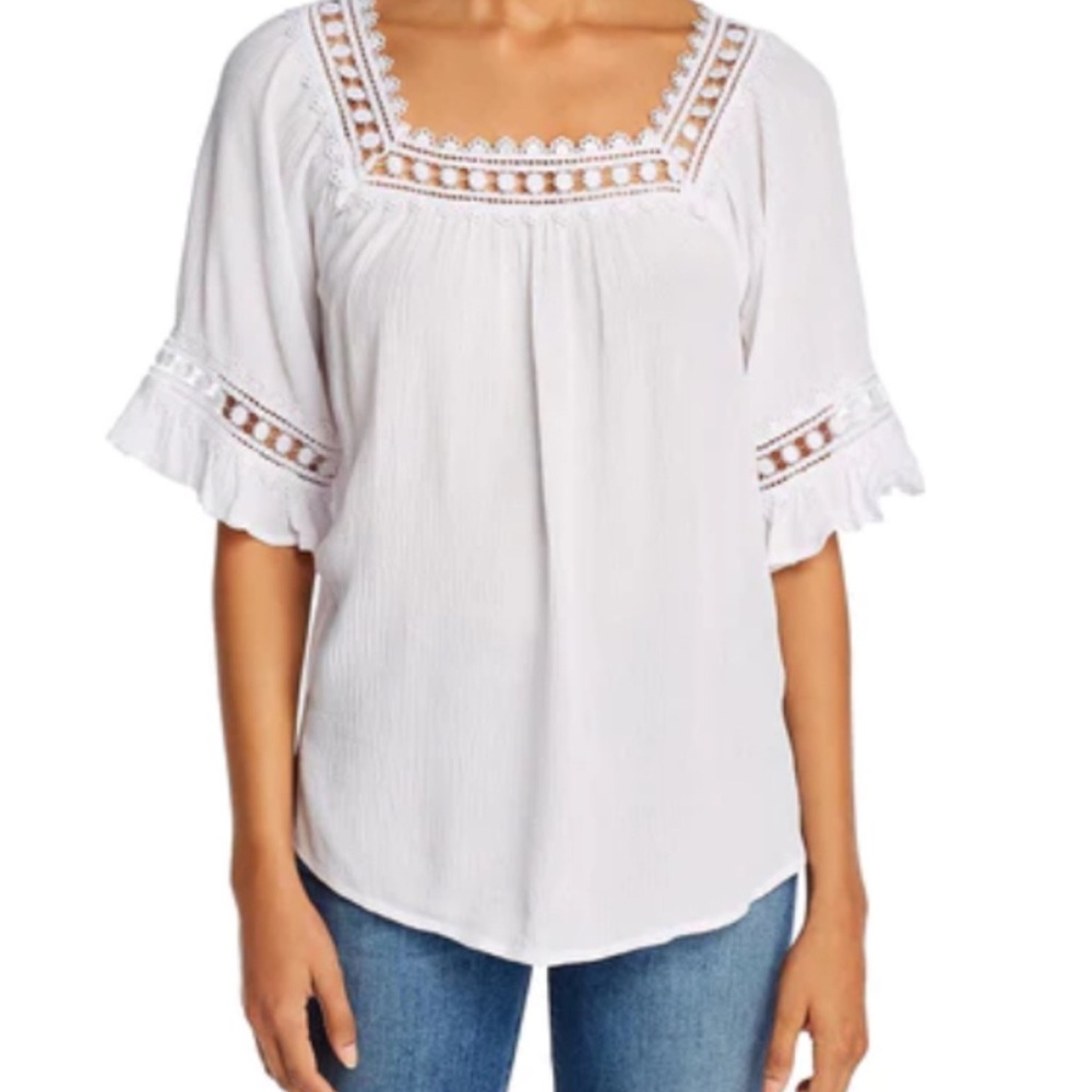 SOLD-Crochet trim white square neck top